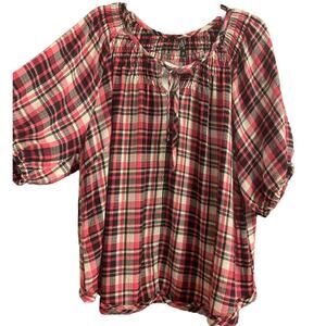 TORRID Sleep Top Womens 3X Pink Plaid Button Down 3/4 Sleeves Smocked Neck NWT
